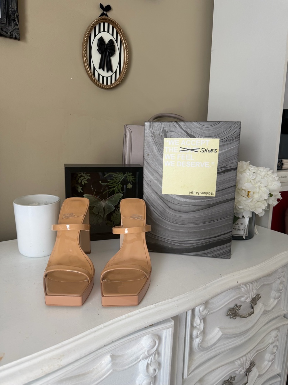 Jeffrey Campbell Nude Patent Square-Toe Block Heel Mules